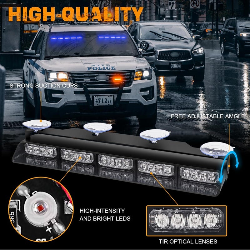 XRIDONSEN 2x 17 inch Blue Emergency Lights Bar 40 LED Dash Strobe Lights Interior Front/Rear Windshield Lights Safety Flashing Warning Hazard Light for Ambulance Firefighter Police Vehicles Trucks Car - Image 3
